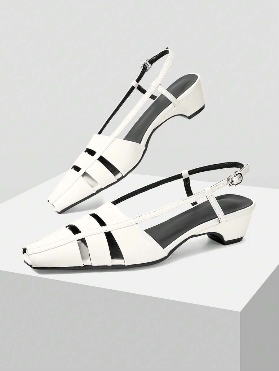 Mnmlis Off-White Woven Hollow Square Head Low-Heeled Sandals, Retro Roman Soft Leather Back Strap Commuter Bag Head Sandals - Beige - View 1