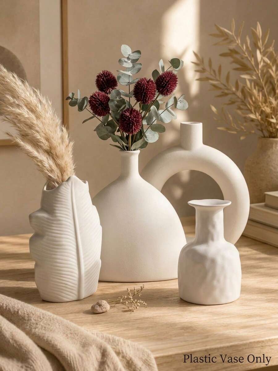 Cirelle 1 st modern plastvas för heminredning – oförstörbar mattvit geometrisk dekorativ blomvas, krossäker estetisk vas för vardagsrum, matbord och bordsdekoration - Vit - Visa 1