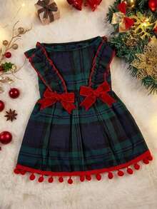 PETSIN 1pc Plaid & Red Bow Decor Pet Dress With Ruffle Hem, Cute & Adorable For Dogs Universal - Green - View 10
