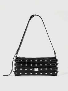 ROMWE 1 Piece Y2K Punk Style Shoulder Square Bag Rivet Decoration, Zipper Opening And Closing, Spice Girl Street Cool, Suitable For Daily Parties, Shopping, - Black - View 2