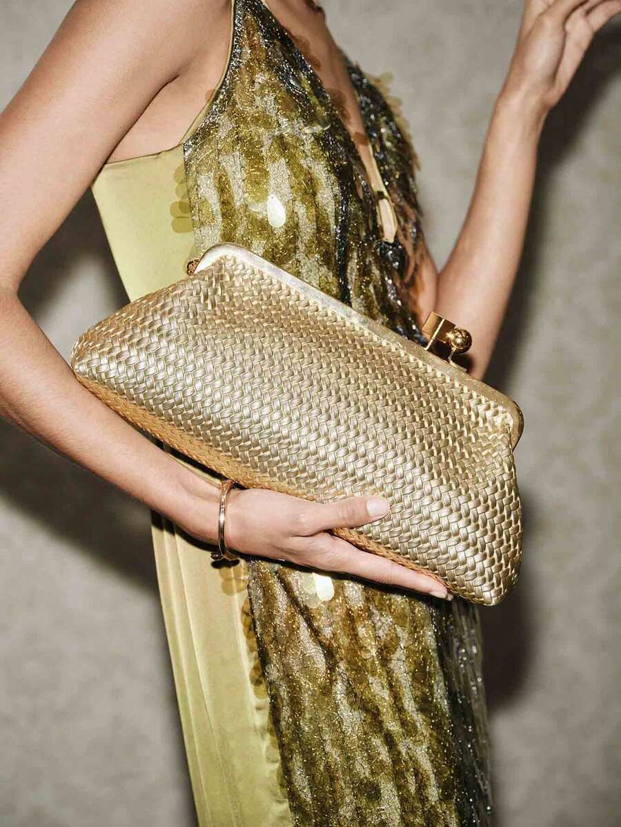 SHECARRY Ladies Fashionable Elegant Simple Versatile Classic Gold Woven Embossed PU Clutch Bag, Daily Party Party Dinner Birthday - Gold - View 1