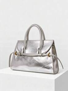 MOTF PREMIUM WOMEN'S FASHION SHINY SILVER HANDBAG WITH DELICATE STRAP BUCKLE FOR DAILY USE, COMMUTING, SHOPPING, FESTIVALS, PARTIES, PARTIES - Silver - View 2