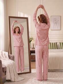 Women Striped & Heart Print Lapel Button‑Up Long Sleeve Pajama Set, Loose Casual 2‑Piece Sleepwear - Pink - View 1