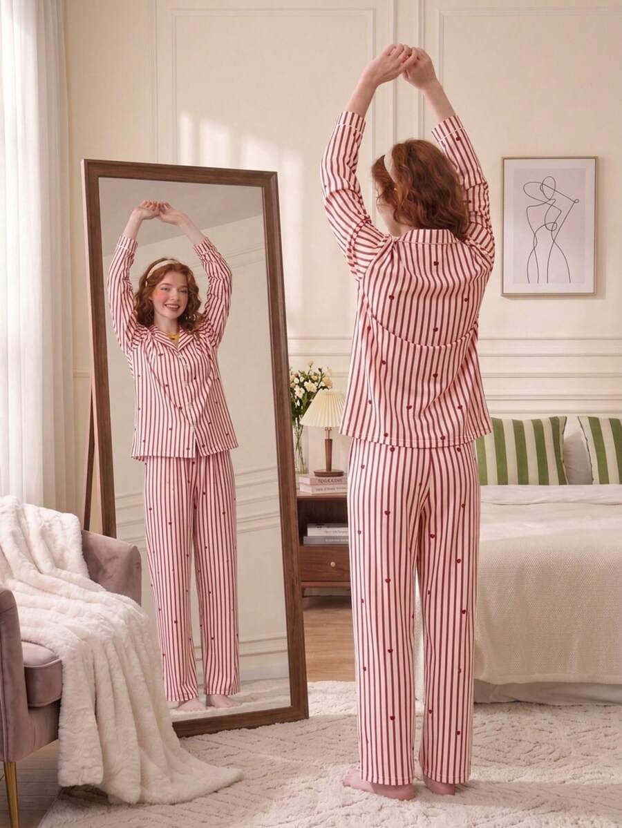 Women Striped & Heart Print Lapel Button‑Up Long Sleeve Pajama Set, Loose Casual 2‑Piece Sleepwear - Pink - View 1
