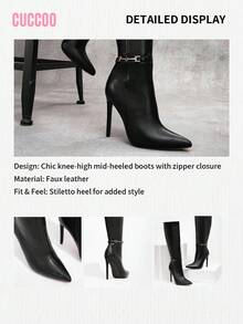 CUCCOO SZL Sexy Fashion Metal Buckle Decor Pointed Toe 12cm Stiletto Heel Casual Versatile Side Zipper Over-The-Knee Boots Spring Shoes Fall Shoes - Black - View 8