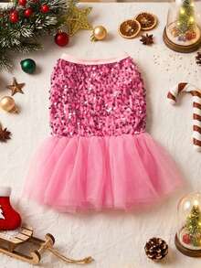 PETSIN Christmas Sparkly Pink Glitter Princess Mesh Tutu Skirt, For Dogs & Cats Party Wear, Fluffy & Shiny - Pink - View 5