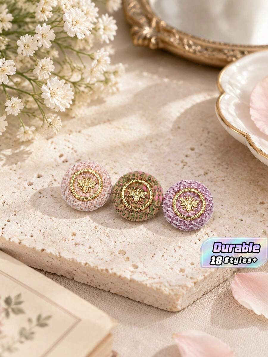 1 Pack 10 Pieces Premium Wrapped Fabric Rope‑Threaded Metal Buttons Bee And Butterfly Round Decorative Fasteners For Coats Windbreakers Outerwear Hand‑Sewn Clothing Accessories - 10pcs - View 1