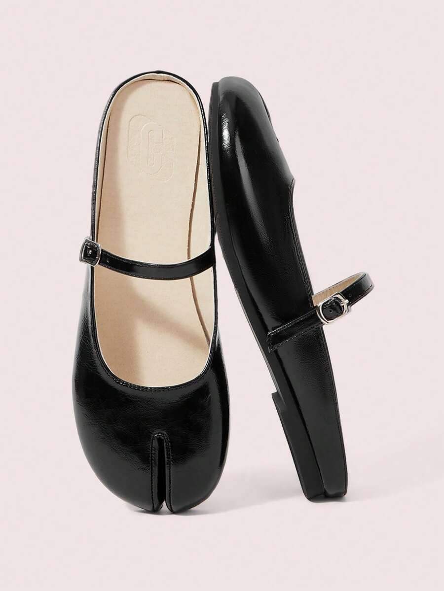 CUCCOO DOLLMOD Women's Adjustable Buckle Strap Split‑Toe Tabi Backless Slip‑On Flat Mule Slippers Black Fall Shoes - Bright black - View 1