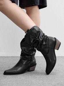 CUCCOO BIZCHIC 秋冬黑色百褶尖頭木紋粗跟西式筒靴 百搭通勤女靴 - 黑色2 - 查看 3