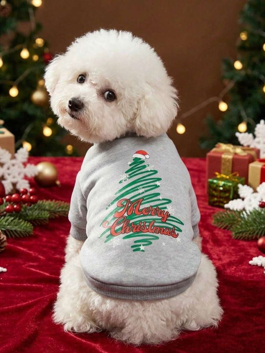 PETSIN 1件裝寵物聖誕貓狗通用線條插畫聖誕樹印花灰色搖粒絨保暖舒適狗用聖誕裝 - 彩色 - 查看 1