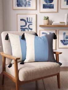 Cirelle 1pc/2pcs All-Season 3-Tone Vertical Color Block Canvas Pillow Covers With Four-Corner Tassels, Minimalist Modern Boho Neutral Home Decor Cushion Cases For Sofas, Bedrooms, Bay Windows, Apartments & Homestays, Pillow Insert Not Included - Light blue - View 11