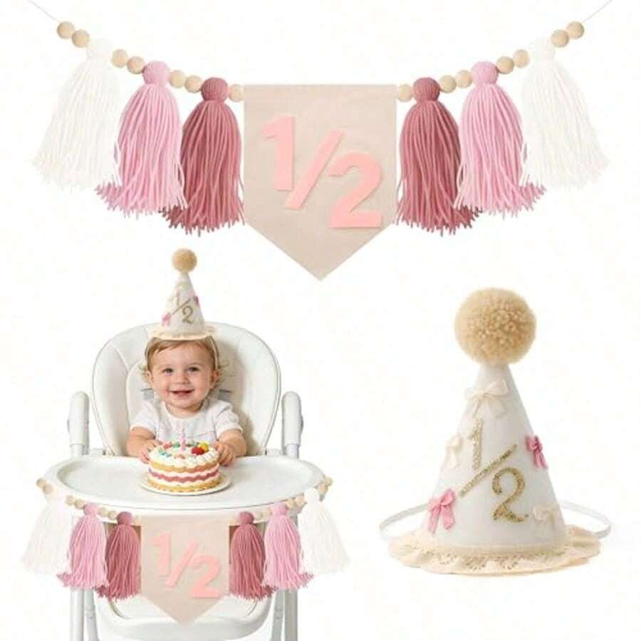 1set 1/2 Birthday Bow Crown High Chair Banner Set, 6 Months Old Girl Decoration, Pink Ribbon Bow Banner, Cake Smash Photo Prop - Pink - View 1