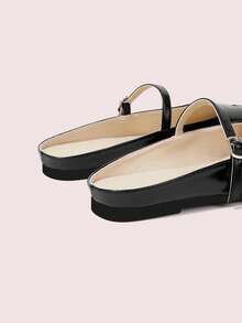 CUCCOO DOLLMOD Women's Adjustable Buckle Strap Split‑Toe Tabi Backless Slip‑On Flat Mule Slippers Black Fall Shoes - Bright black - View 6