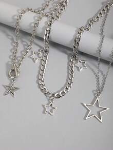 ROMWE Goth 2pcs Punk Vintage Style Rhinestone Star Pendant Necklace, Luxury Iced Out Double Layer Star Chain Necklace, Streetwear Choker - Silver-F - View 3