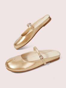 CUCCOO DOLLMOD Women's Adjustable Buckle Strap Split‑Toe Tabi Backless Slip‑On Flat Mule Slippers Gold Fall Shoes - Gold - View 3