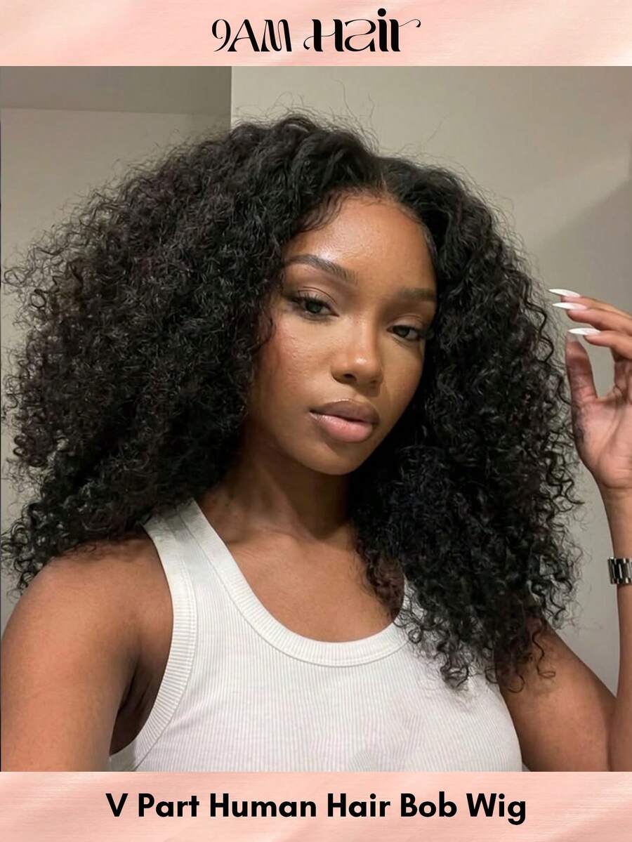 Kinky Curly V Part Bob Wig Human Hair Wigs With Elastic Drawstring Wead Go Glueless Wig Beginner Friendly Glueless Full Head Clip In Wigs - Natural Black - View 1