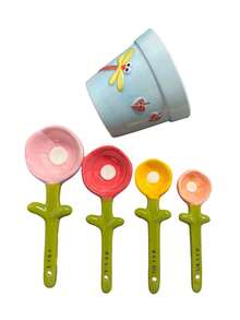Ceramic Measuring Spoon Set, Attractive Dragonfly & Flower Shapes, Marked With Scales For Salt & Sugar Measurement, Comes With Storage Base, Ideal For Home Kitchen & Baking - Multicolor - View 4