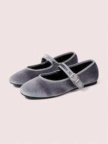 CUCCOO DOLLMOD Women's Shoes, Gray, Round Toe, Velvet Texture, Flat Mary Jane Shoes, With Metal Buckle, Sweet, Cute, Comfortable, Simple And Elegant - Grey - View 2