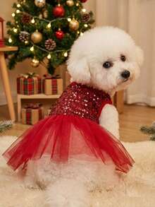 PETSIN Christmas Red Mesh Contrast Sequin Pet Dress - Burgundy - View 3