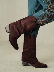 Styleloop Autumn/Winter Maillard Dark Brown Suede Pleated Pile Pointed Thick Heel Medium Boots Vintage Loose Sleeve Western Boots - dark brown - View 4
