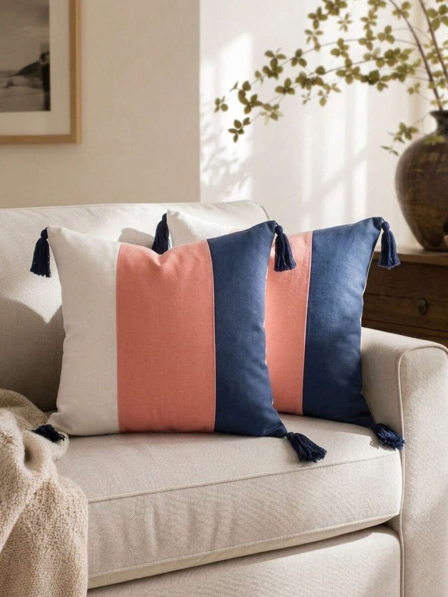 Cirelle 1pc/2pcs All-Season 3-Tone Vertical Color Block Canvas Pillow Covers With Four-Corner Tassels, Minimalist Modern Boho Neutral Home Decor Cushion Cases For Sofas, Bedrooms, Bay Windows, Apartments & Homestays, Pillow Insert Not Included - Pink blue - View 1