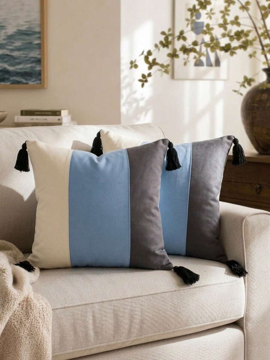Cirelle 1pc/2pcs All-Season 3-Tone Vertical Color Block Canvas Pillow Covers With Four-Corner Tassels, Minimalist Modern Boho Neutral Home Decor Cushion Cases For Sofas, Bedrooms, Bay Windows, Apartments & Homestays, Pillow Insert Not Included - Light blue - View 1
