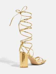 Glitzique Women's Gold Cross Strap Square Toe Chunky Heel High Heel Sandals, Versatile For Daily Wear - Gold - View 4