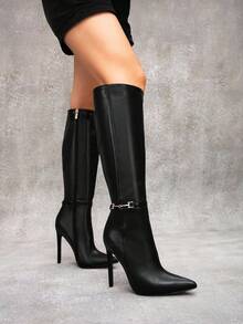 CUCCOO SZL Sexy Fashion Metal Buckle Decor Pointed Toe 12cm Stiletto Heel Casual Versatile Side Zipper Over-The-Knee Boots Spring Shoes Fall Shoes - Black - View 6