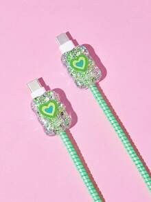THE POWERPUFF GIRLS X SHEIN 4件組手機數據線保護套，適用於充電線數據線保護套（不含數據線） - 綠色 - 查看 6
