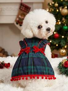 PETSIN 1pc Plaid & Red Bow Decor Pet Dress With Ruffle Hem, Cute & Adorable For Dogs Universal - Green - View 1