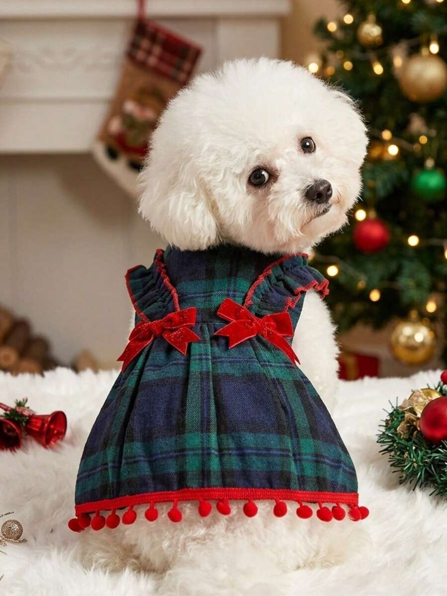 PETSIN 1pc Plaid & Red Bow Decor Pet Dress With Ruffle Hem, Cute & Adorable For Dogs Universal - Green - View 1
