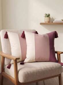 Cirelle 1pc/2pcs All-Season 3-Tone Vertical Color Block Canvas Pillow Covers With Four-Corner Tassels, Minimalist Modern Boho Neutral Home Decor Cushion Cases For Sofas, Bedrooms, Bay Windows, Apartments & Homestays, Pillow Insert Not Included - Pink purple - View 2