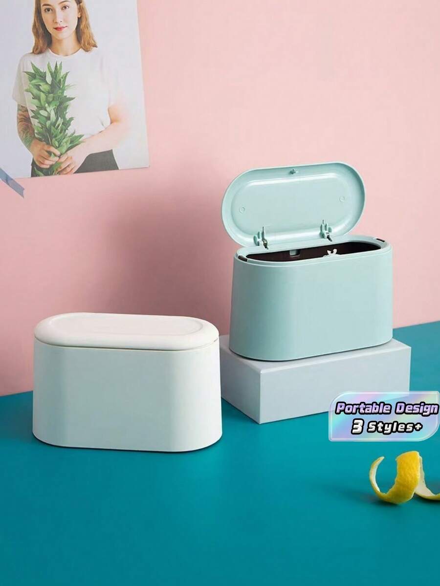 1 st mini kompakt plastpapperskorg med dubbla fack och trycköppningslock, lukttät tätning, för kontor, hem, skrivbord, bordsyta och studierum, hållbar, lätt, lätt att rengöra, utrymmesbesparande, multifunktionell nödvändighet - Multifärgad - Visa 1