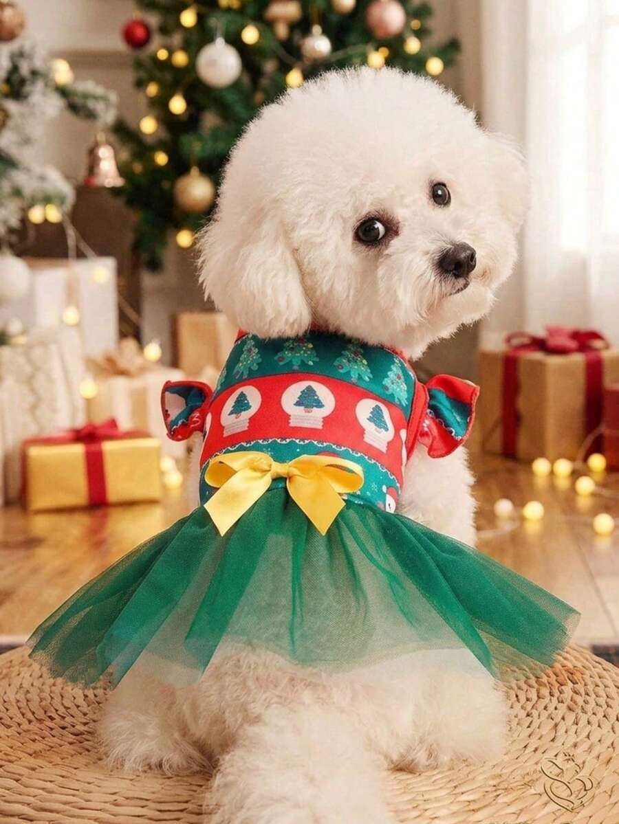 PETSIN Cute Christmas Tree Print Striped Tulle Dog Dress - Multicolor - View 1