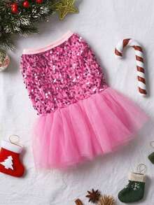 PETSIN Christmas Sparkly Pink Glitter Princess Mesh Tutu Skirt, For Dogs & Cats Party Wear, Fluffy & Shiny - Pink - View 4