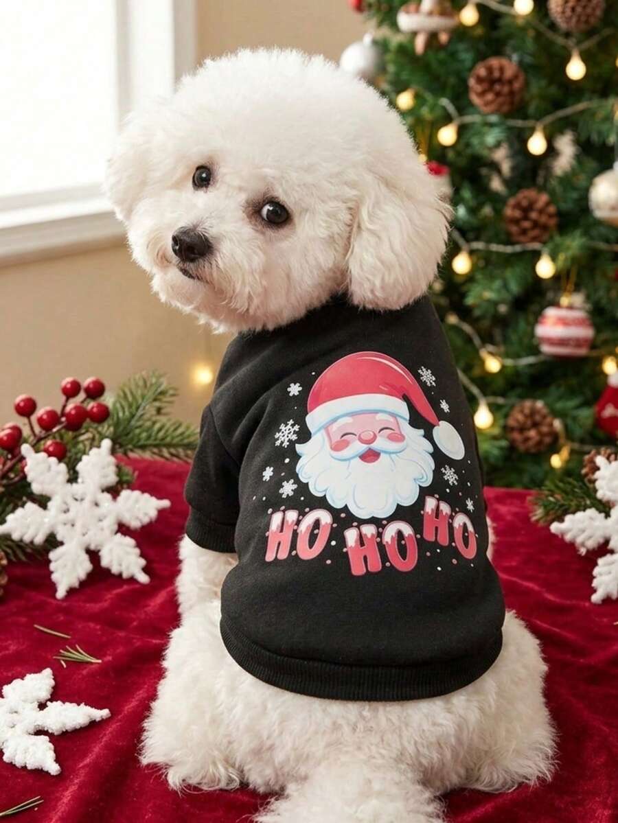 PETSIN 1件寵物通用聖誕貓狗黑色搖粒絨保暖舒適外套,可愛卡通聖誕老人雪花印花圖案 - 彩色 - 查看 1