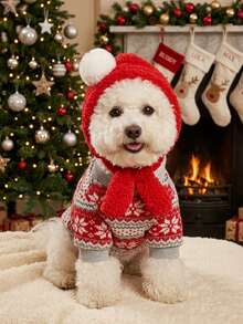 PETSIN Pet Christmas Outfit Knit Snowflake Dog Sweater With Pom‑Pom Santa Hat Warm Winter Clothes For Small Dogs Cats - Red - View 1