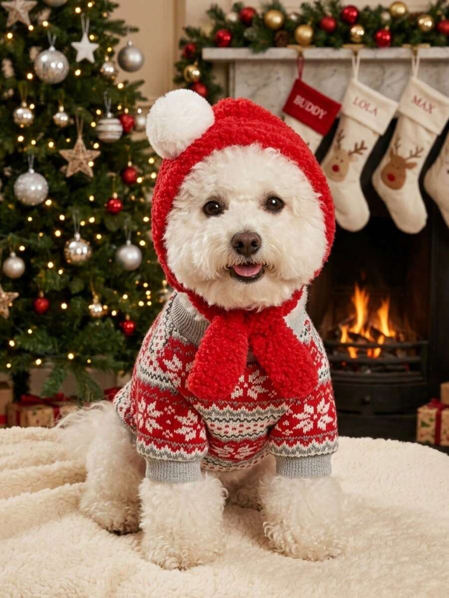 PETSIN Pet Christmas Outfit Knit Snowflake Dog Sweater With Pom‑Pom Santa Hat Warm Winter Clothes For Small Dogs Cats - Red - View 1