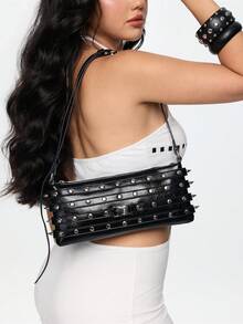 ROMWE 1 Piece Y2K Punk Style Shoulder Square Bag Rivet Decoration, Zipper Opening And Closing, Spice Girl Street Cool, Suitable For Daily Parties, Shopping, - Black - View 7