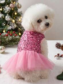 PETSIN Christmas Sparkly Pink Glitter Princess Mesh Tutu Skirt, For Dogs & Cats Party Wear, Fluffy & Shiny - Pink - View 3
