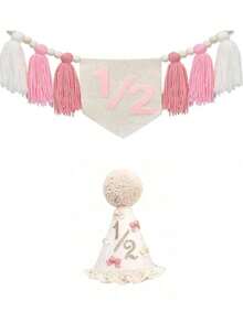 1set 1/2 Birthday Bow Crown High Chair Banner Set, 6 Months Old Girl Decoration, Pink Ribbon Bow Banner, Cake Smash Photo Prop - Pink - View 12