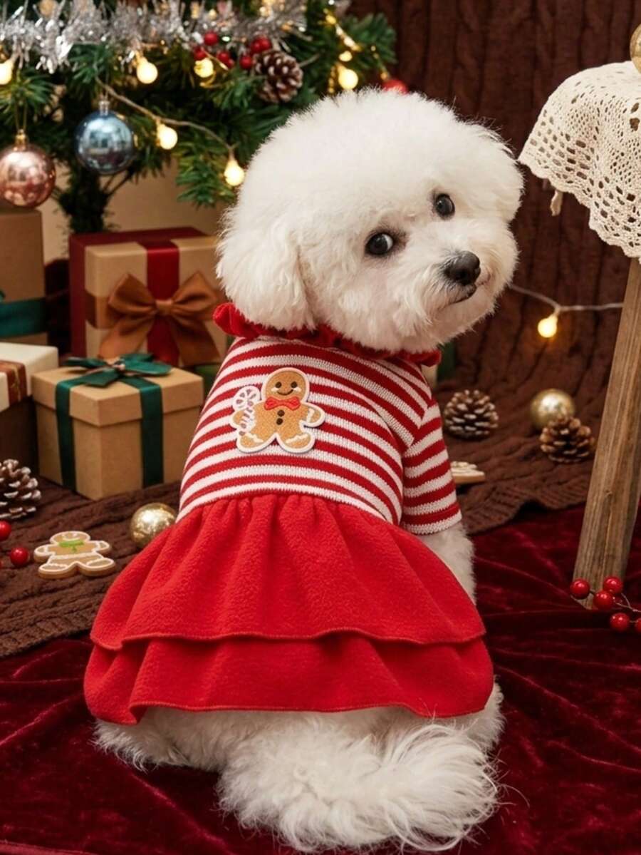PETSIN Christmas Pet Dog Dress Red‑White Stripe Gingerbread Applique Ruffle Collar Xmas Holiday Outfit For Small Puppy Cat - Red - View 1