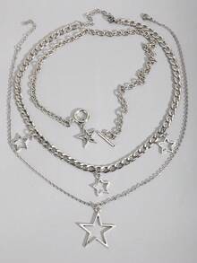 ROMWE Goth 2pcs Punk Vintage Style Rhinestone Star Pendant Necklace, Luxury Iced Out Double Layer Star Chain Necklace, Streetwear Choker - Silver-F - View 5