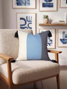 Cirelle 1pc/2pcs All-Season 3-Tone Vertical Color Block Canvas Pillow Covers With Four-Corner Tassels, Minimalist Modern Boho Neutral Home Decor Cushion Cases For Sofas, Bedrooms, Bay Windows, Apartments & Homestays, Pillow Insert Not Included - Light blue - View 10