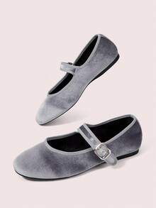 CUCCOO DOLLMOD Women's Shoes, Gray, Round Toe, Velvet Texture, Flat Mary Jane Shoes, With Metal Buckle, Sweet, Cute, Comfortable, Simple And Elegant - Grey - View 3
