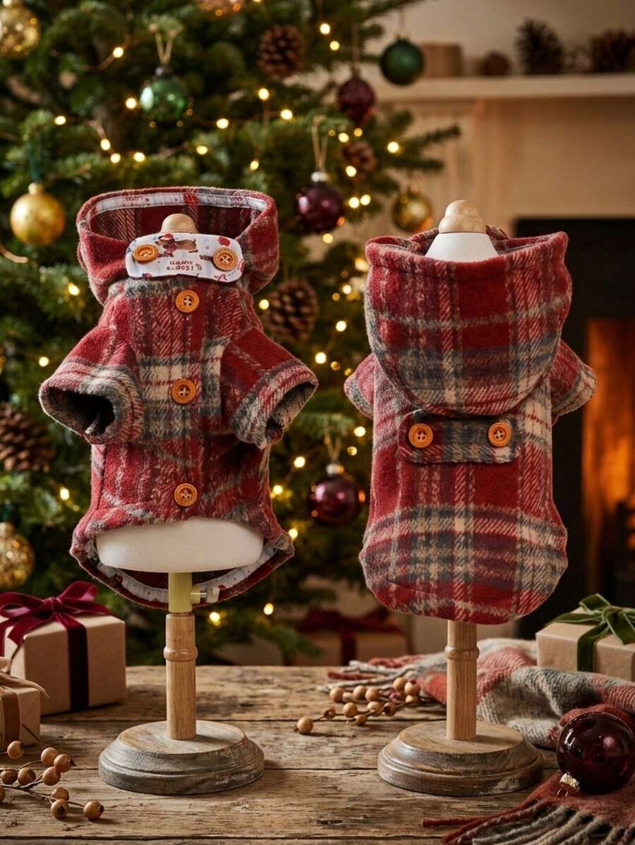 PETSIN Christmas Plaid Pet Coat For Dogs - Warm Hooded Dog Jacket With Cute Buttons, Festive Pet Apparel For Holiday Season - Red - View 1
