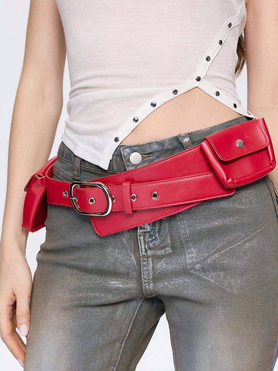 ROMWE Grunge Punk Y2K Punk Style, Black Metal Rivets, Gas Eyes, Multiple Pockets, Adjustable Metal Buckle, Women's Fanny Pack, - Big red - View 1