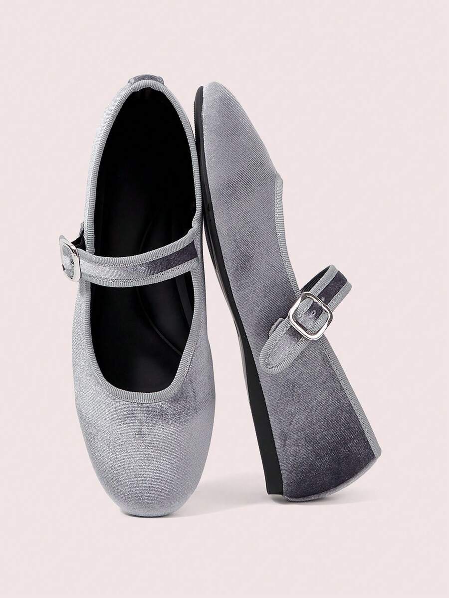 CUCCOO DOLLMOD Women's Shoes, Gray, Round Toe, Velvet Texture, Flat Mary Jane Shoes, With Metal Buckle, Sweet, Cute, Comfortable, Simple And Elegant - Grey - View 1