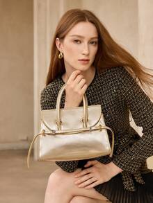 MOTF PREMIUM WOMEN'S FASHION SHINY GOLD HANDBAG WITH DELICATE STRAP BUCKLE FOR DAILY USE, COMMUTING, SHOPPING, FESTIVALS, PARTIES, PARTIES - Gold - View 1