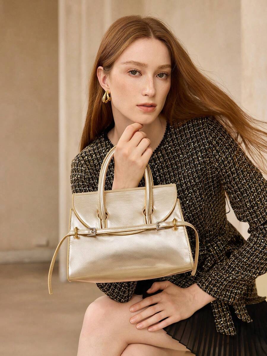 MOTF PREMIUM WOMEN'S FASHION SHINY GOLD HANDBAG WITH DELICATE STRAP BUCKLE FOR DAILY USE, COMMUTING, SHOPPING, FESTIVALS, PARTIES, PARTIES - Gold - View 1